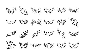 Wings Vector Icon Set. Heart Wings, Bird, Butterfly, Feathers, Angel, Bat, and More. Editable Stroke. Line Art Vector Illustrations.