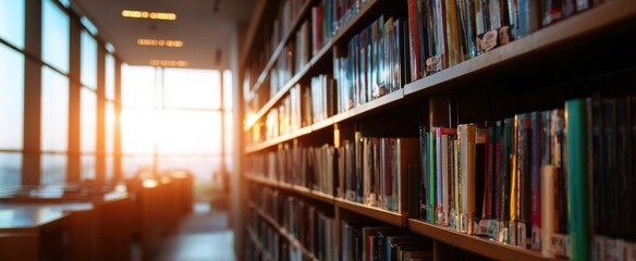 The tranquil library bathed in warm evening sunlight with organized bookshelves.