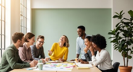 A diverse group of professionals engaged in a lively and collaborative brainstorming session in a modern office setting, sharing laughter and ideas.