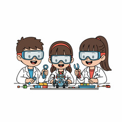 Cartoon Style Children in Lab Coats Assembling a Robot Illustration