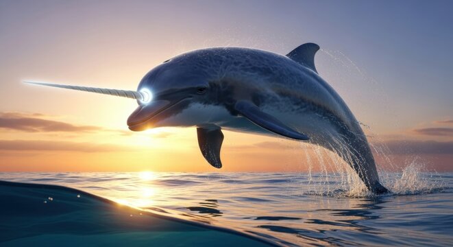 Magical narwhal dolphin leaping from ocean at sunset, inspiring awe and wonder in viewers - Powered by Adobe