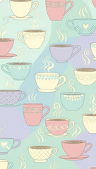 Charming Collection of Pastel Coffee Cups with Delicate Patterns and Steaming Aroma