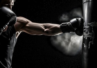 Boxer punching heavy bag with black gloves in dramatic studio shot