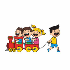 Cartoon Joyful Children Riding Toy Train Pulled by Friend Illustration