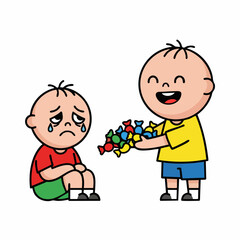 Cartoon Helping Illustration of Boy Giving Candy to Sad Friend
