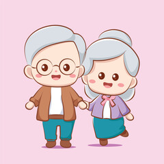 Cartoon Elderly Man and Woman in lansia character Chibi Vector Art