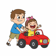 Cartoon Playful Kid Pushing Car with Laughing Girl Having Fun Illustration
