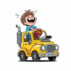 Cartoon Excited Boy Driving Toy Truck Illustration with Fun Details