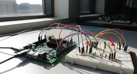 A detailed shot of a Raspberry Pi board connected to a breadboard with various electronic components. The image highlights a series of resistors, LEDs, and colorful jumper wires