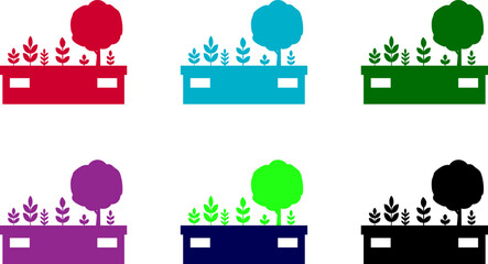 Six colorful planters each containing plants and trees in a simple flat design arrangement style