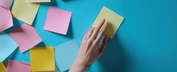 The hand selecting a sticky note from a colorful arrangement on a blue background.