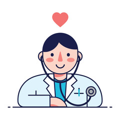 Fototapeta premium Health Hero: A doctor, stethoscope in hand and a loving heart above, embodies care and compassion, symbolizing the spirit of healthcare in a vector illustration.