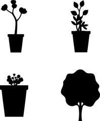 Silhouette depiction of four plants including potted plants and a tree in black and white style