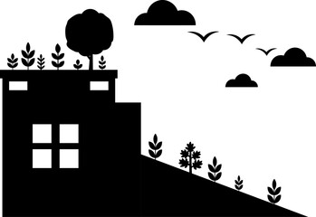 Silhouette of a building with rooftop garden and trees on a slope under a cloudy sky with birds flying
