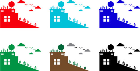 Varied colored building structures with trees and clouds in a whimsical architectural setting art