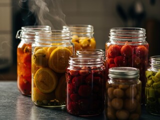 A close-up of various glass jars filled with colorful preserved fruits and vegetables, including lemons, berries, and pickles. Steam rises from one jar, highlighting fresh canning.