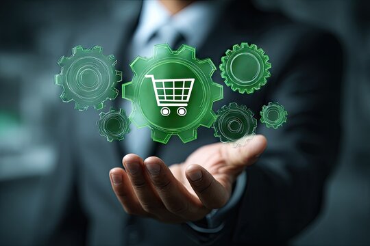 Businessperson displays a shopping cart icon within interconnected gears, symbolizing e-commerce optimization