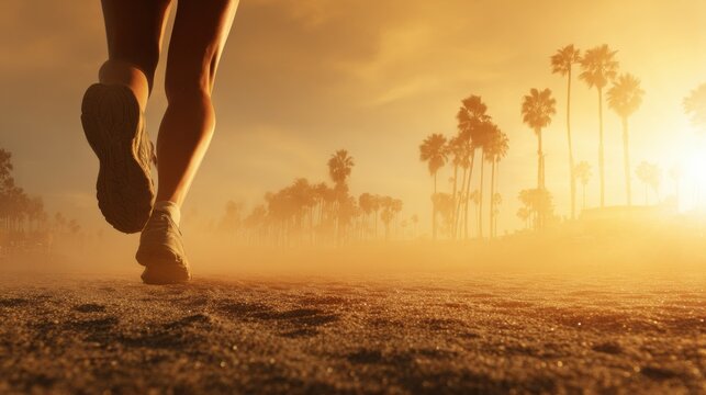 Sunset beach run: silhouette of runner on sandy shore with palm trees in the distance