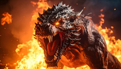 Fototapeta premium Fierce dragon head erupting in flames