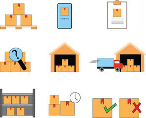 Vector icon set illustrating concepts of logistics, inventory management, warehouse storage, and global shipping services