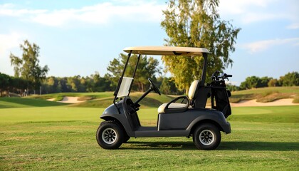 Golf cart parked on course, sunny day