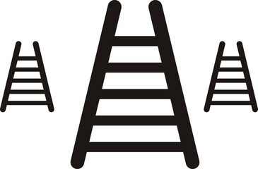Three black ladders of varying sizes displayed on a white canvas white background