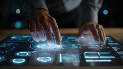 Hands interact with a futuristic, transparent touchscreen displaying data visualizations
