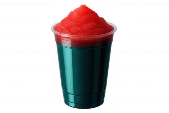 Vibrant red granita spilling over green plastic cup, transparent background highlighting refreshing summer beverage detail