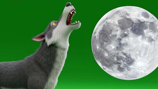 Cartoon wolf howling at moon isolated on green screen