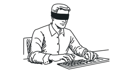 "Blindfolded Man Typing on Computer Keyboard Concept Sketch Illustration on white background"
