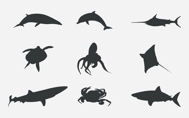 a set of silhouettes of marine animals on a light background. Among them are dolphins, a marlin, a sea turtle, an octopus, a stingray, a whale, a crab, and a shark.
