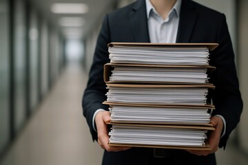 Businessman Holding Large Stack of Files – Office Work and Documentation Concept