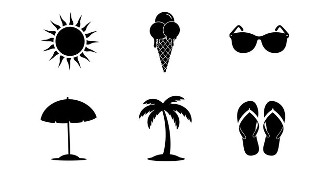 Summer beach vacation vibes with sun, ice cream, shades, palm tree, and flip flops