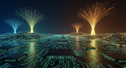 Digital forest of glowing circuitry and data streams