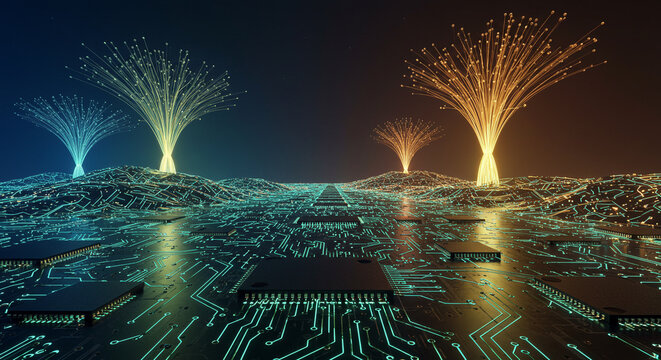 Digital forest of glowing circuitry and data streams