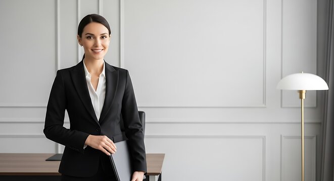 A confident businesswoman in a black suit and white blouse stands in a modern office setting, holding a folder. - Powered by Adobe