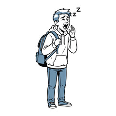 Tired Student Yawns with Zzz's: A young student, burdened by a backpack, yawns wide mid-day, exuding exhaustion in a classic illustration. 