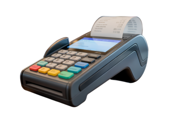 Close-Up of Point of Sale Device with Printed Receipt, Side View, Isolated on Transparent Background