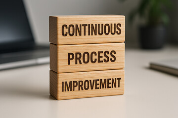 Continuous Process Improvement bold text on wooden plank background in light tone. Business improvement concept