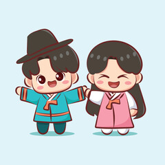 Smiling Cartoon boy and Girl in Hanbok Dress Cute Chibi Character vector design