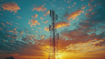 Obraz premium Telecommunication tower at sunset, vibrant sky, communication infrastructure, outdoor scene, possible use for technology, telecommunication, engineering, or nature photography