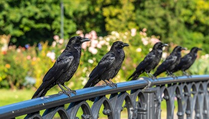 Four Crows Perched on Fence, Park Setting