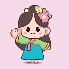 Cute Cartoon Character in Pink Hanbok Chibi Style Design