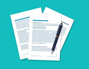 Documents and pen on teal background
