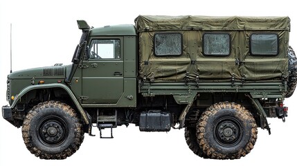 Military truck, side profile, off-road, canvas top, cargo, isolated background, transportation