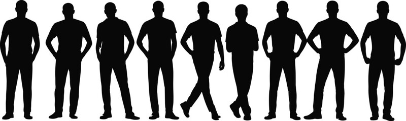 Group of male silhouettes standing, walking, posing, human figures, shadow art, body outline, black and white illustration, isolated posture design