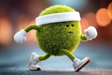 A green, furry sphere character, resembling grass, is walking in sports attire.  It has a determined expression and is focused on its exercise.  Bokeh effect