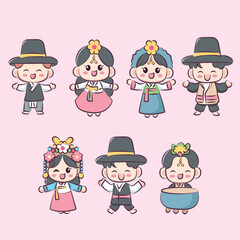 set of collection Happy Kawaii boys and Girl Wearing Hanbok  Korean Culture Illustration design