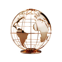 3D globe icon in rose gold, global business or connection theme, metallic sheen