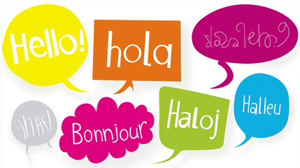 Speech bubbles in different colors with greetings "Hello, Hola, Bonjour, Hallo", (clean modern detail, white isolated background